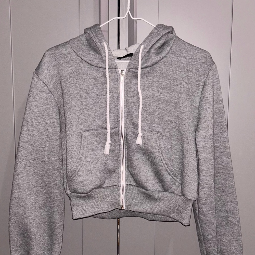 Grey Cropped Zip-Up Hoodie - Women's Casual Pullover